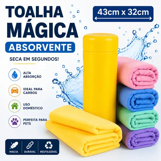 Toalha Mágica Absorvente 43x32cm Pano Multiuso Alta Absorção Limpeza Carro Automotiva Cachorro Gato