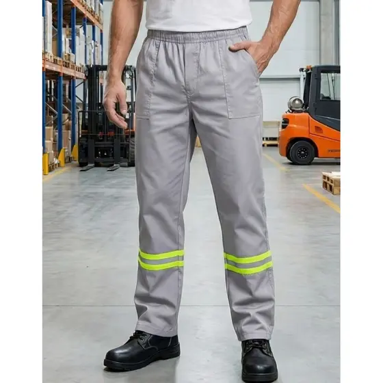 Calça Masculina Brim Trabalho Uniforme Alta Durabilidade Com Faixa Refletiva