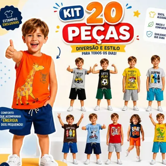 KIT Até 20 Peças Conjunto Infantil Menino Masculino Algodão Premium Short +Blusa Confort Toque Macio