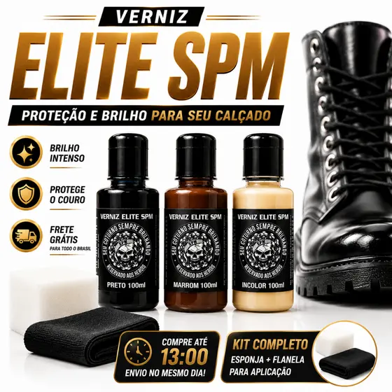 Verniz Elite SPM 100ml Esponja Flanela Brilho Para Couro Coturno Bota Militar