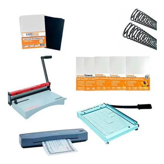 Kit Encadernadora, Plastificadora, Guilhotina + Insumos 110v
