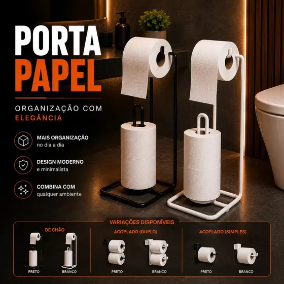 Porta Papel Higiênico Suporte 3 Rolos Chão Acoplado Banheiro Aramado Organização Suporte Papel Higienico Gancho