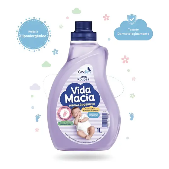 Lava Roupas de Bebê Vida Macia 1L - Limpeza Suave, Preserva Cores e Hipoalergênico
