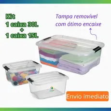 Caixa Organizadora 30 Litros + 15 Litros Multiuso Transparente Preta com Tampa E Trava de Plástico Casa Garagem