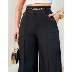 Calça Alfaiataria Pantalona Com Ziper Lateral Cintura Alta Com Cinto PROMOÇAO