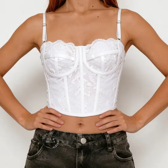 Cropped Feminino Corselet Com Renda Corset Alça Finas Regulagem Cropete Sensual Verão/Inverno 2026