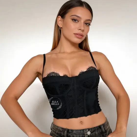 Cropete Blusa Feminina Rendas Alça Regulável Estilo Corselete Corset Cropped Inverno