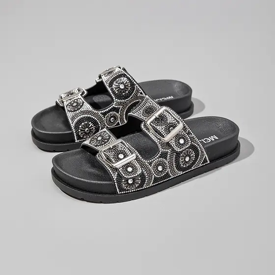 Novo Femininos Sandália Birken Papete com strass Fivela ajustável