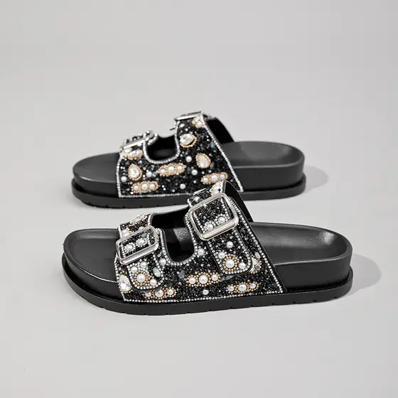 Papete feminina Pérolas de strass de luxo sandália diferente feminina com fivela