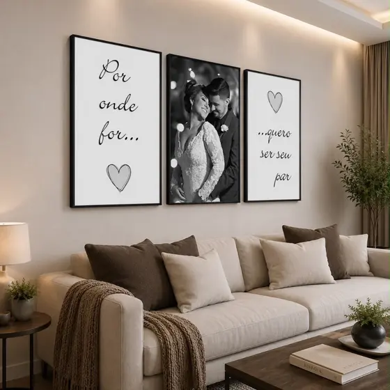 Kit Quadro Decorativo 3 Peças Grande Casal Sua Imagem Com Frase Por onde voce for eu quero ser seu par Mdf