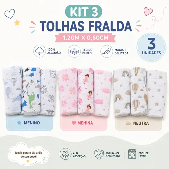 Kit 3 Toalhas Fralda Papi 100% Algodão 1,20m x 60cm Estampadas Macias Absorventes