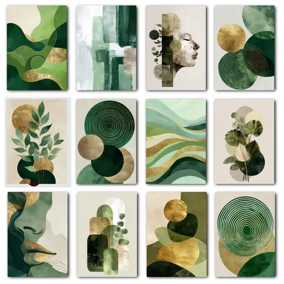 Kit 12 Quadros Boho Decorativos Verde e Dourado em Madeira - Em Madeira já com Fita Adesiva - Moderno