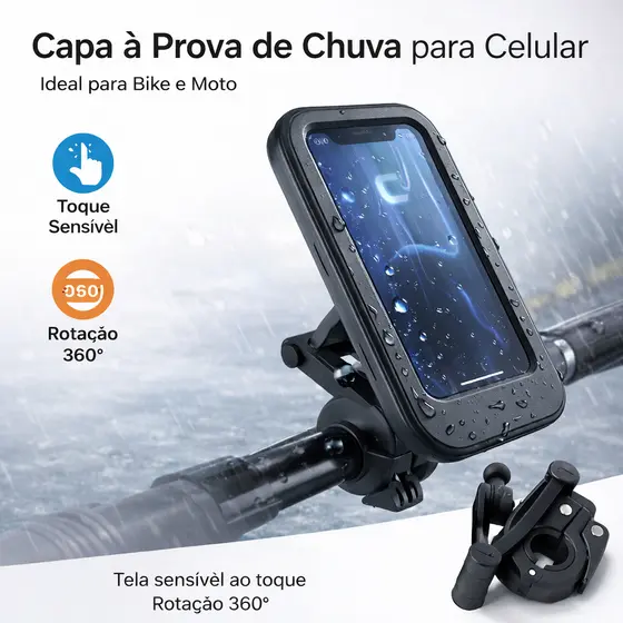 Suporte Celular Bike e Algumas Motos Capa à Prova de Chuva Rotação 360° Tela Sensível