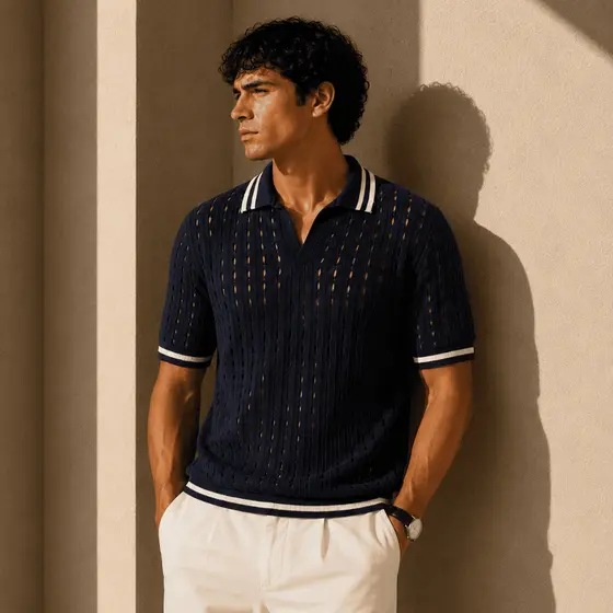 Camisa Polo Masculina Old Money Tricot Vazado Premium Manga Curta Elegante Confortável Leve Moderno