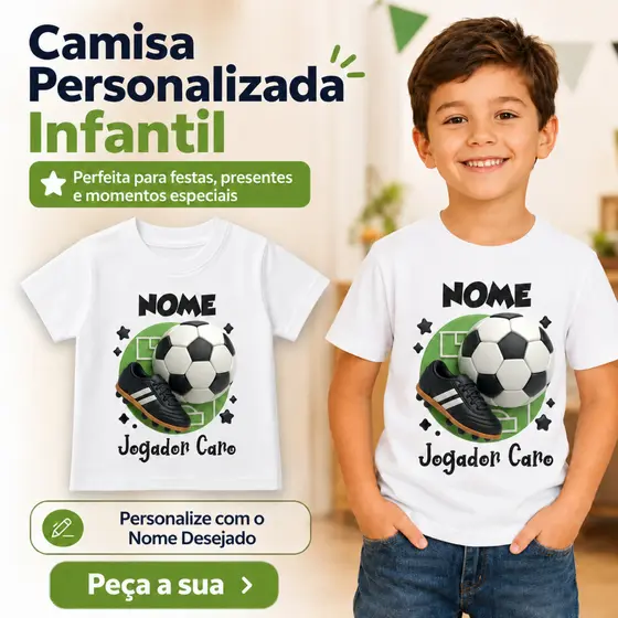 Camisa Personalizada Aniversário Infantil Futebol Jogador Caro com Nome - TN910