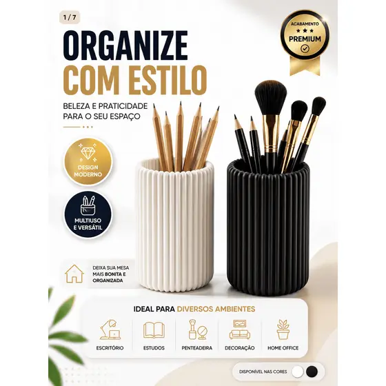 Porta Canetas Canelado Organizador de Mesa Decorativo Porta Lápis Porta Pincéis Branco e Preto