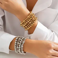 6 Pçs Conjunto De Pulseira De Contas Douradas Suave Bola Redonda Estiramento Empilhável Minimalista Multi Tamanho Pulsei