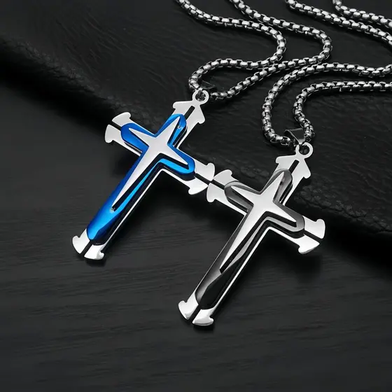 1pc Aço Inoxidável Em Camadas Cruz Pingente Colar Bola De Prata Grânulo Corrente Masculino Fé Religiosa Oração Declaraçã