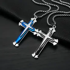 1pc Aço Inoxidável Em Camadas Cruz Pingente Colar Bola De Prata Grânulo Corrente Masculino Fé Religiosa Oração Declaraçã