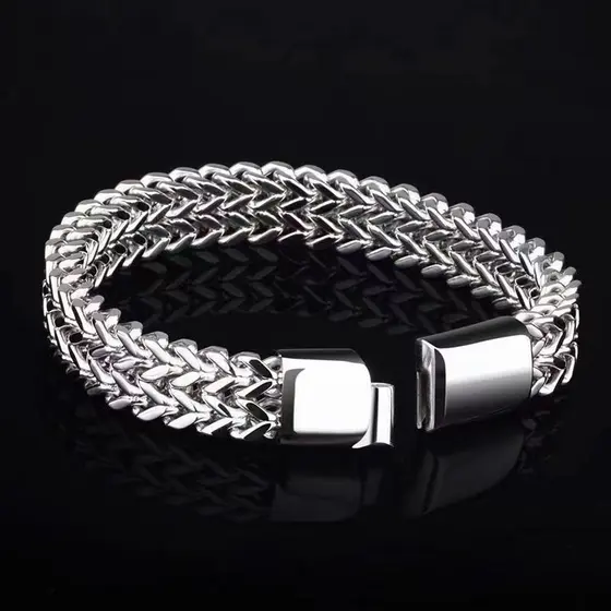 Pulseira Punk Grossa De Espinha De Peixe Para Homens , Aço Inoxidável Prateado , Fileira Dupla , Elo De Trigo , Diária ,