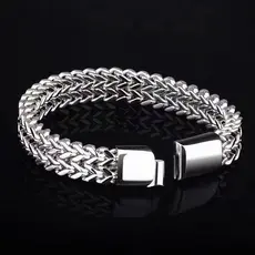 Pulseira Punk Grossa De Espinha De Peixe Para Homens , Aço Inoxidável Prateado , Fileira Dupla , Elo De Trigo , Diária ,
