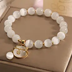 Pulseira De Contas De Pedra De Olho De Gato Branco Natural Pingente Da Sorte Pulso Elástica Riqueza Chinesa Fortuna Imit