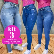 Kit 3 Calças Jeans Feminina Skinny Puido,Clara Bigode Elastano Cintura Alta Efeito Levanta Bumbum