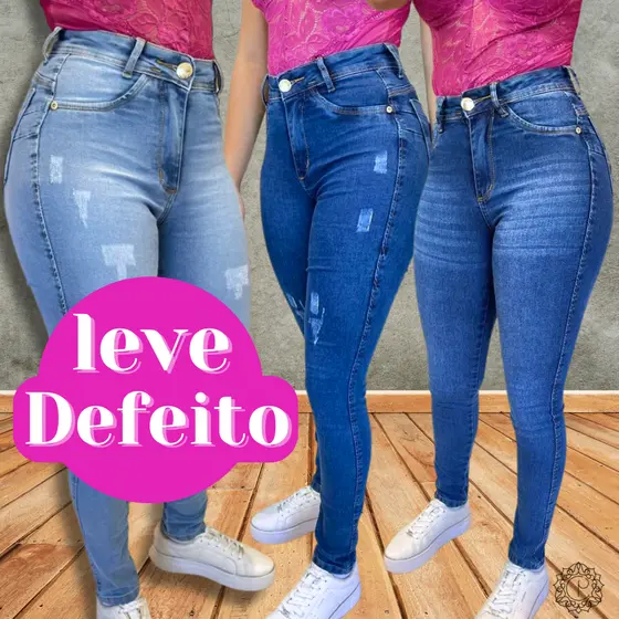 LEVE DEFEITO Calça Jeans Feminina Skinny Elastano Cintura Alta Efeito Levanta Bumbum