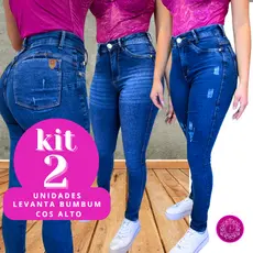 Kit 2 Calças Jeans Feminina Skinny Bigode e Puido com Elastano Cintura Alta Efeito Levanta Bumbum