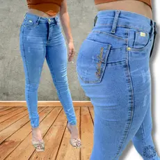 Calça Jeans Skinny Clara  Puido Elastano  Cintura Alta Efeito Levanta Bumbum