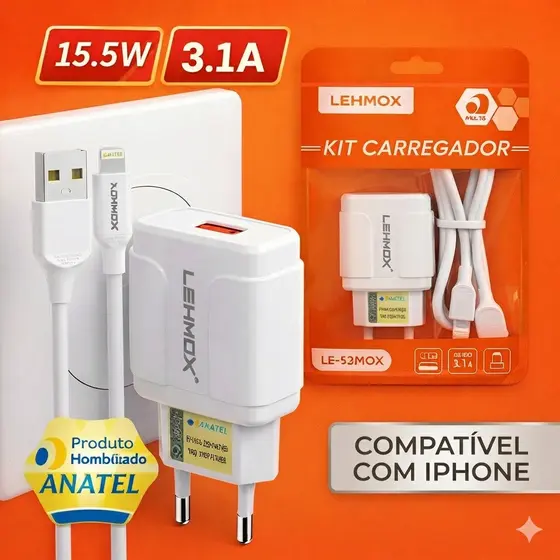 Kit Carregador Fonte + Cabo Turbo Para Celular iPhone USB Lightning Homologado Anatel