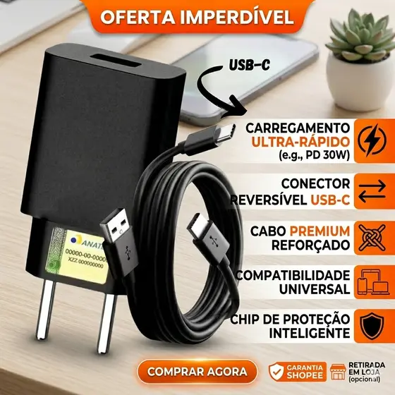 KIT Carregador Fonte E Cabo USB-C Turbo Power PD 50W Celular Android Cabo Resistente Homologado Anatel