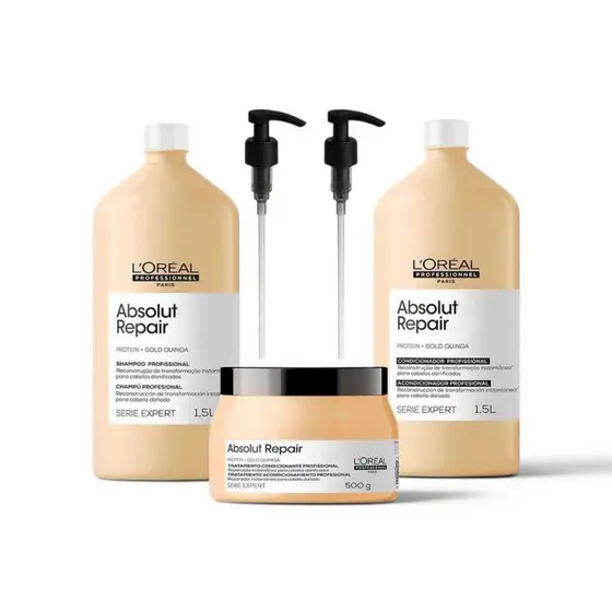 kit loreal Absolut Repair shampoo, condicionador de 1500 ml e máscara de 500 g