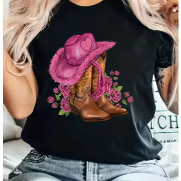 Camiseta Chapéu Rosa Texana Rosas Cawgirls Boiadeira!
