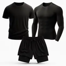 Kit Masculino 3 Peças – Camiseta Dry Fit + Camiseta Manga Longa UV + Bermuda 2 em 1 Compressão, Academia, Corrida