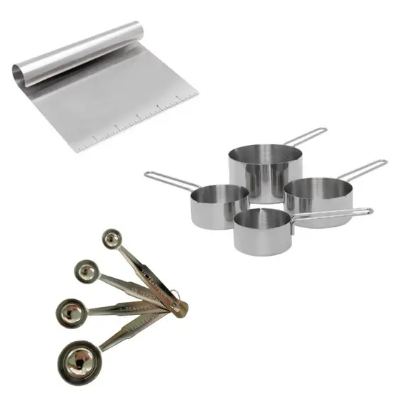 Kit espátula prática e Xícaras e Colheres Medidoras Inox