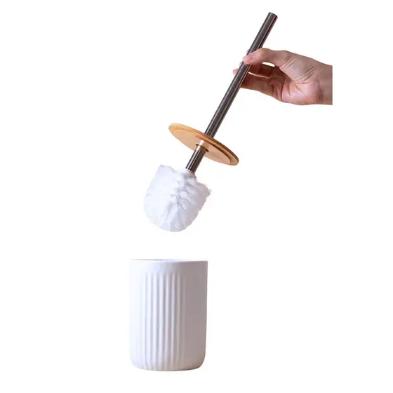 Escova Sanitária Suporte Cerâmica Canelado com Bambu Branca - Oikos