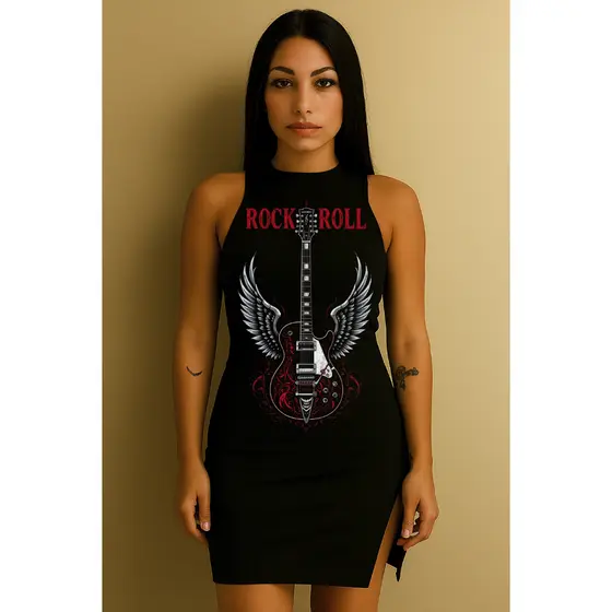 Vestido Feminino Básico e Leve Estampado Rock N' Roll Perfeito Canelado Do Tamanho 36 Ao 44