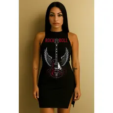 Vestido Feminino Básico e Leve Estampado Rock N' Roll Perfeito Canelado Do Tamanho 36 Ao 44