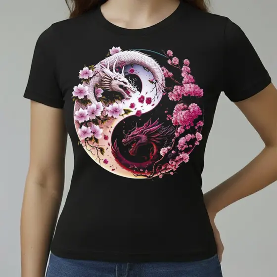 Camiseta Baby Look Feminina Algodão Conforto Qualidade Estampada Ying Yang Dragão Do Tamanho P ao GG