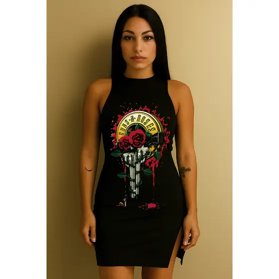 Vestido Feminino Básico e Leve Estampado Guns N' Roses Perfeito Canelado Do Tamanho 36 Ao 44