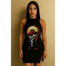Vestido Feminino Básico e Leve Estampado Guns N' Roses Perfeito Canelado Do Tamanho 36 Ao 44
