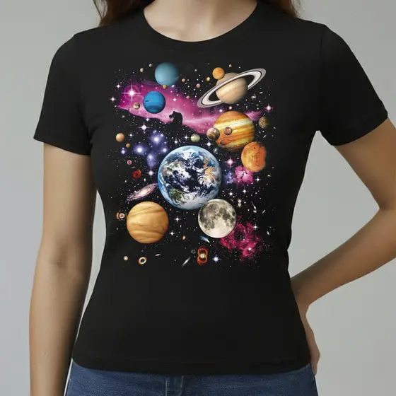 Camiseta Baby Look Feminina Algodão Conforto Qualidade Estampada Galáxia Lactea Do Tamanho P ao GG