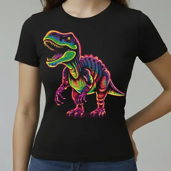 Camiseta Baby Look Feminina Algodão Conforto Qualidade Estampada Dinossauro Colorido Tamanho P ao GG