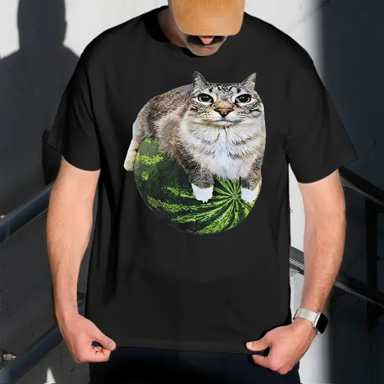 Camiseta Masculina Estampa Gato Melancia 100% Algodão T-shirt Camisa Blusa Do Tamanho P ao GG