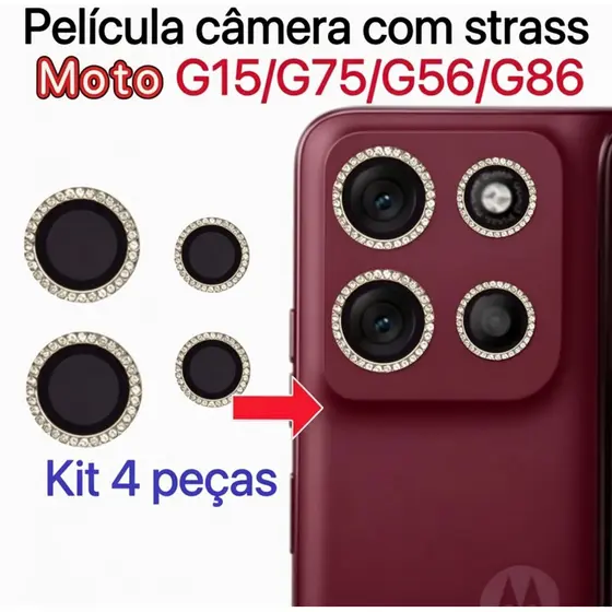 Kit 4 Peças Película Câmera Diamonte Motorola G15/G75/G56/G86 Brilhente Anti Risco Protetor da Lente com Strass