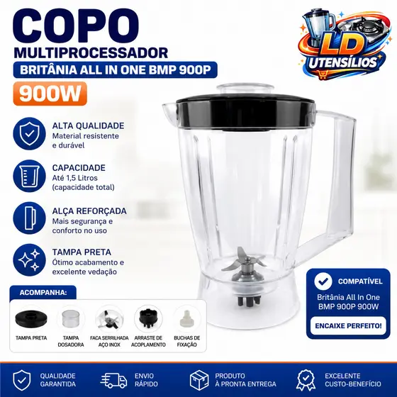 Copo Liquidificador Britania All In One BMP900P 900w ou PMP1200PI Brasil Compatível BMP 900P Alta Qualidade Envio Rápido
