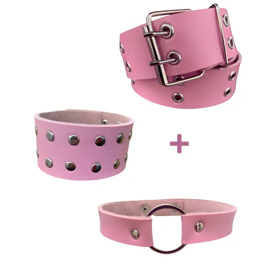 Kit Cinto ilhós duplo + Pulseira + choker ROSA EGIRL COSPLAYER Y2K