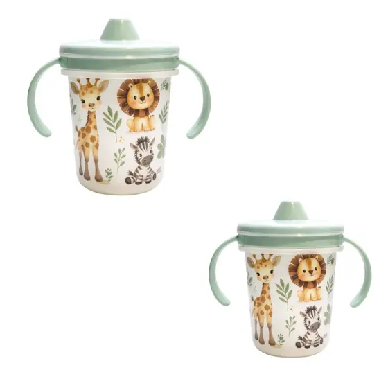 Kit 2 Copos Com Alça e Tampa Removivel Caneca Infantil de Treinamento 330ml Plasutil Safari