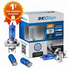 Par de Lampada H4 Super Branca para Farol + Par de Lâmpada Pingão T10 Super Branca para Lanterna